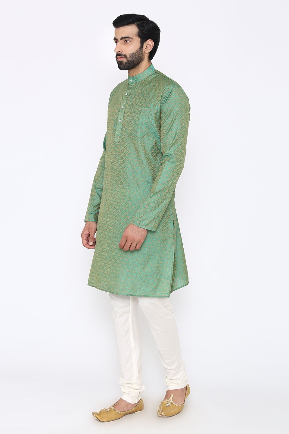 Banarasi Art Silk Cotton Blend Green Long Kurta