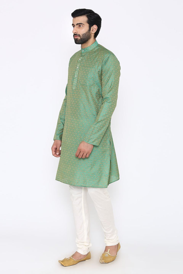 Banarasi Art Silk Cotton Blend Green Long Kurta