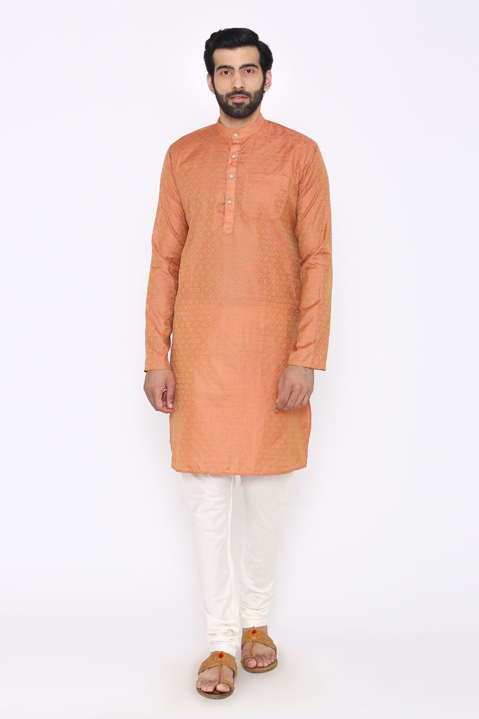 Banarasi Art Silk Cotton Blend Orange Long Kurta