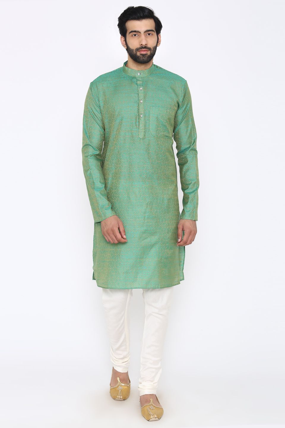Banarasi Art Silk Cotton Blend Green Long Kurta