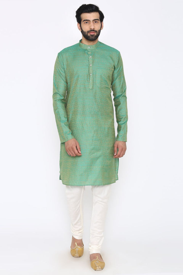 Banarasi Art Silk Cotton Blend Green Long Kurta