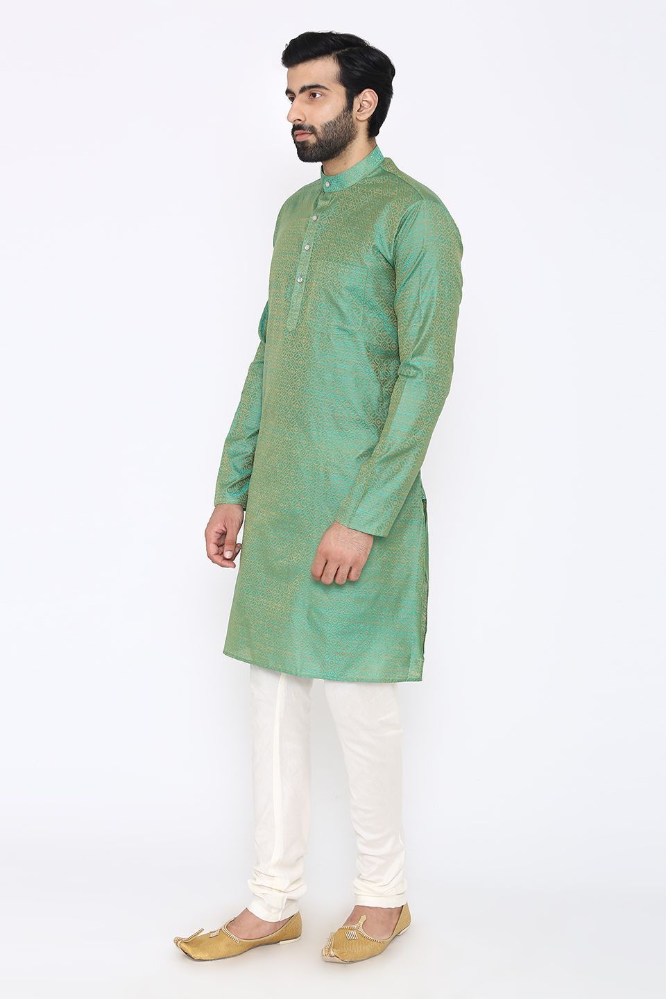 Banarasi Art Silk Cotton Blend Green Long Kurta