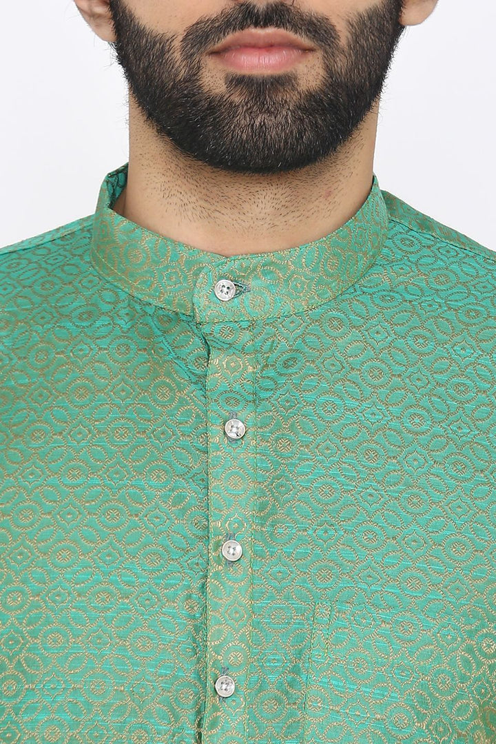 Banarasi Art Silk Cotton Blend Green Long Kurta