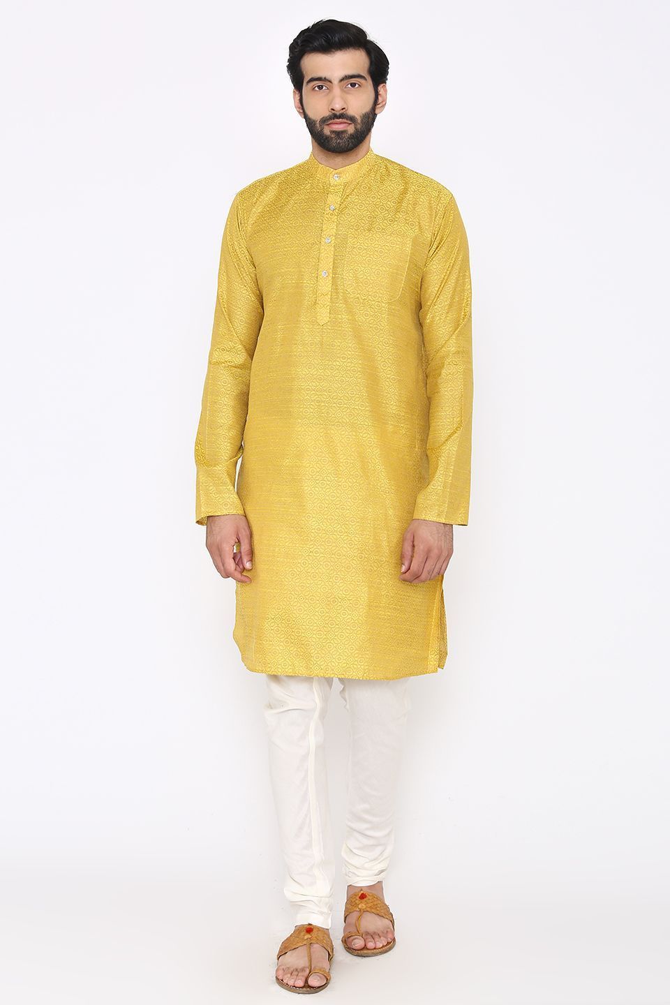 Banarasi Art Silk Cotton Blend Yellow Long Kurta