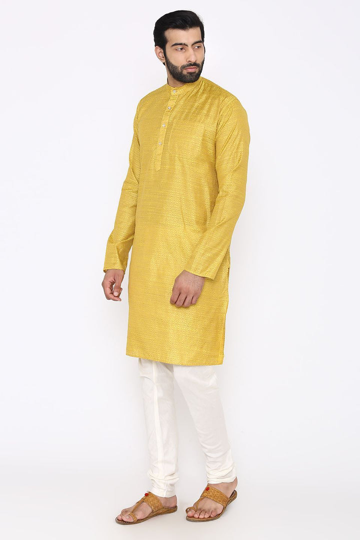Banarasi Art Silk Cotton Blend Yellow Long Kurta