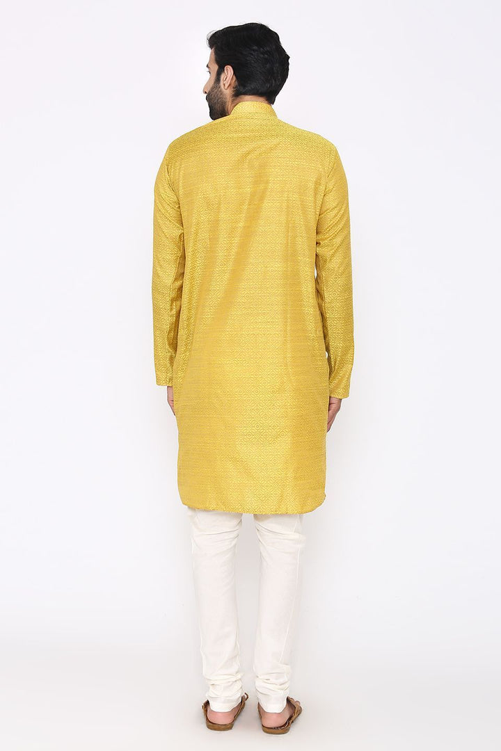 Banarasi Art Silk Cotton Blend Yellow Long Kurta