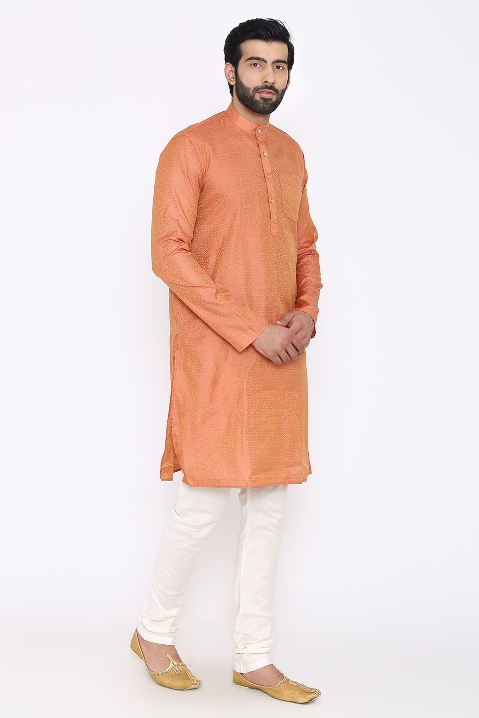 Banarasi Art Silk Cotton Blend Orange Long Kurta