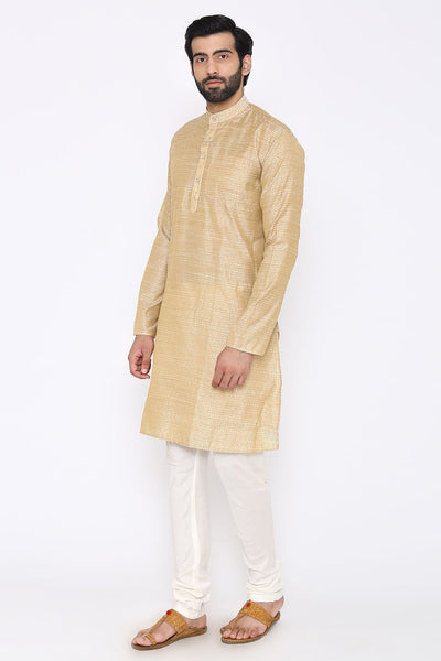 Banarasi Art Silk Cotton Blend Off-White Long Kurta
