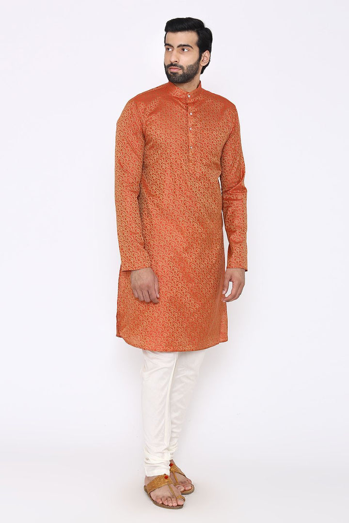 Banarasi Art Silk Cotton Blend Red Long Kurta