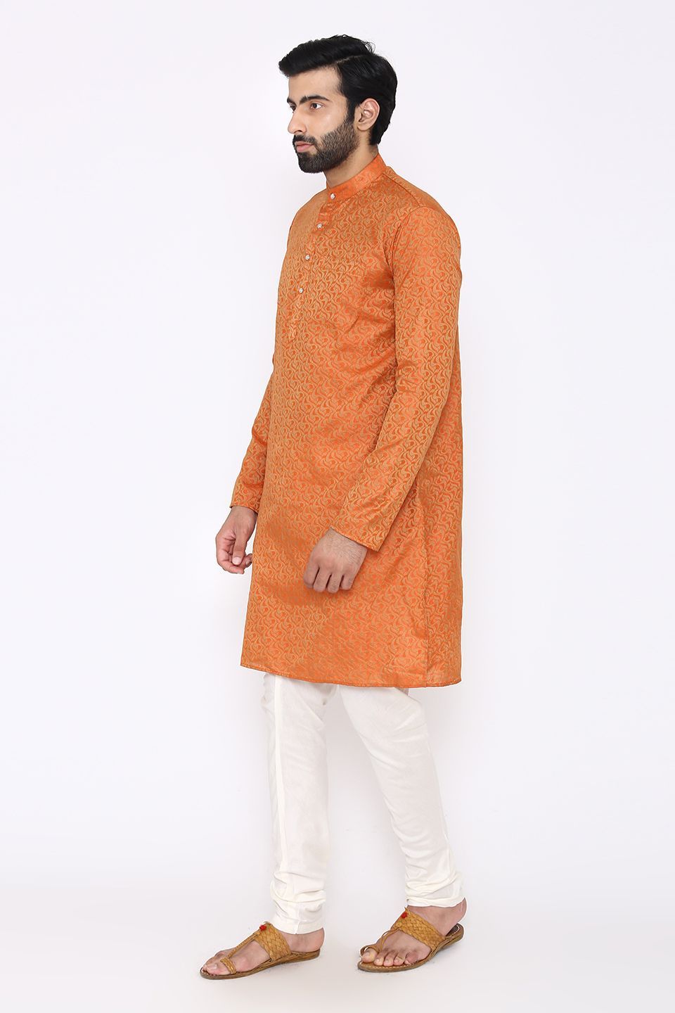 Banarasi Art Silk Cotton Blend Orange Long Kurta