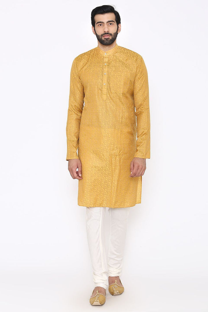 Banarasi Art Silk Cotton Blend Yellow Long Kurta