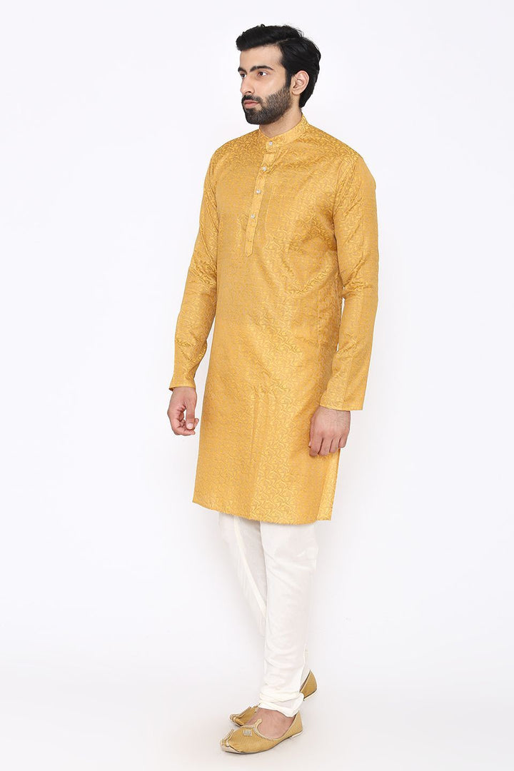 Banarasi Art Silk Cotton Blend Yellow Long Kurta