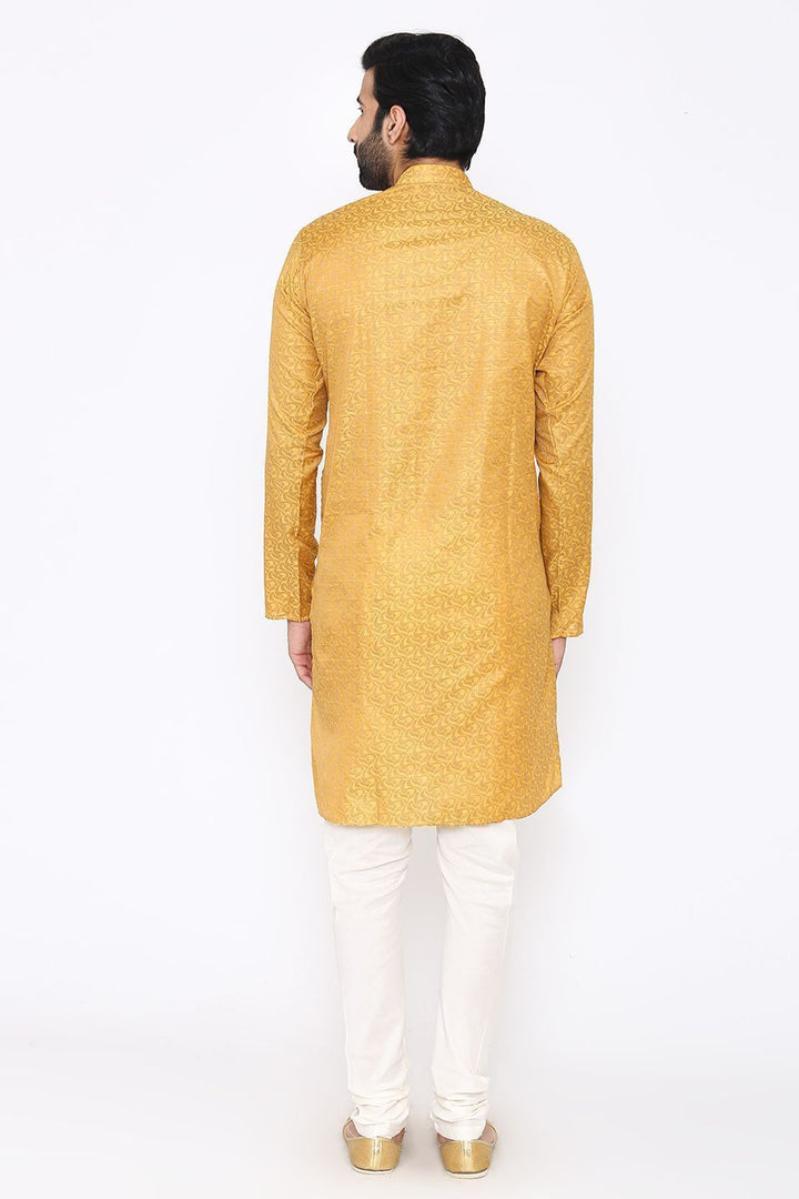 Banarasi Art Silk Cotton Blend Yellow Long Kurta