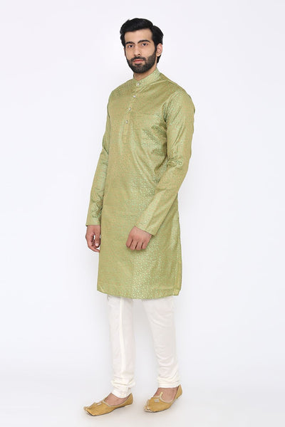 Banarasi Art Silk Cotton Blend Green Long Kurta