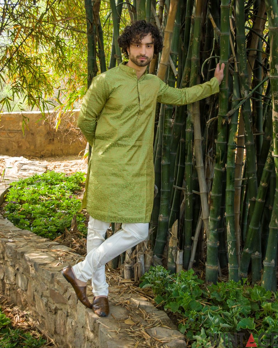 Banarasi Art Silk Cotton Blend Green Long Kurta Pajama