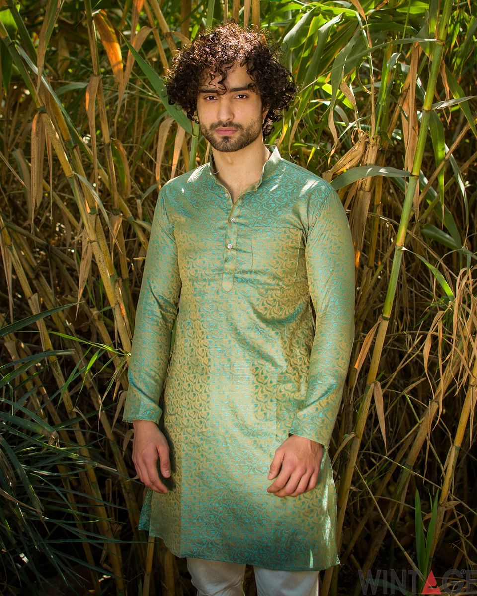 Banarasi Art Silk Cotton Blend Blue Long Kurta Pajama