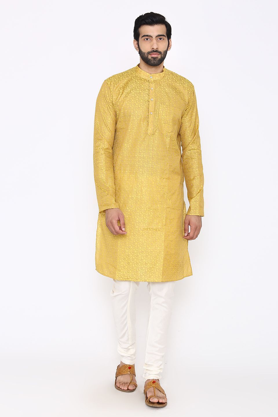 Banarasi Art Silk Cotton Blend Yellow Long Kurta