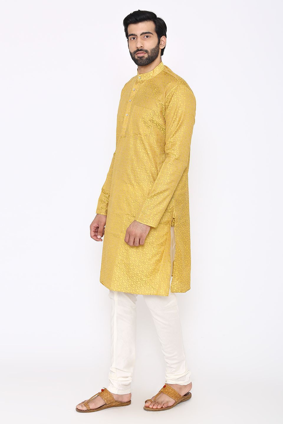 Banarasi Art Silk Cotton Blend Yellow Long Kurta