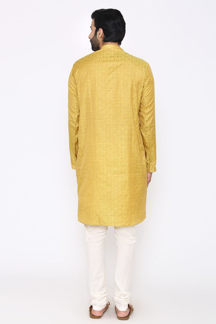 Banarasi Art Silk Cotton Blend Yellow Long Kurta