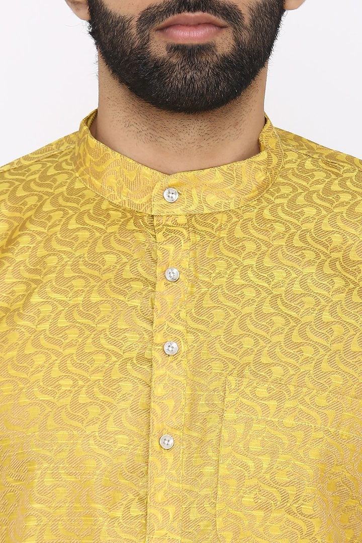 Banarasi Art Silk Cotton Blend Yellow Long Kurta