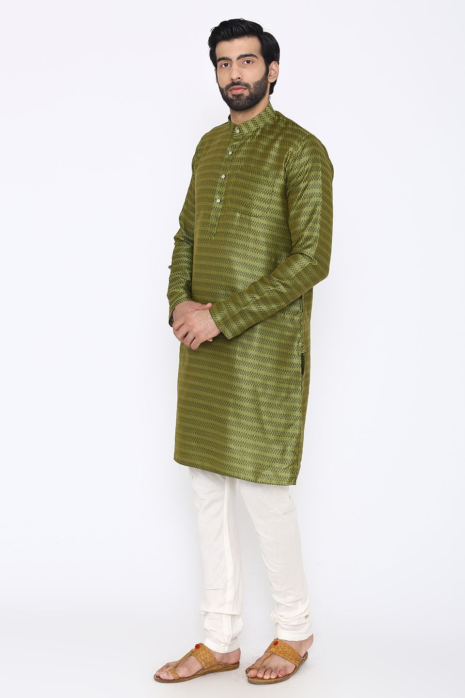 Banarasi Art Silk Cotton Blend Green Long Kurta