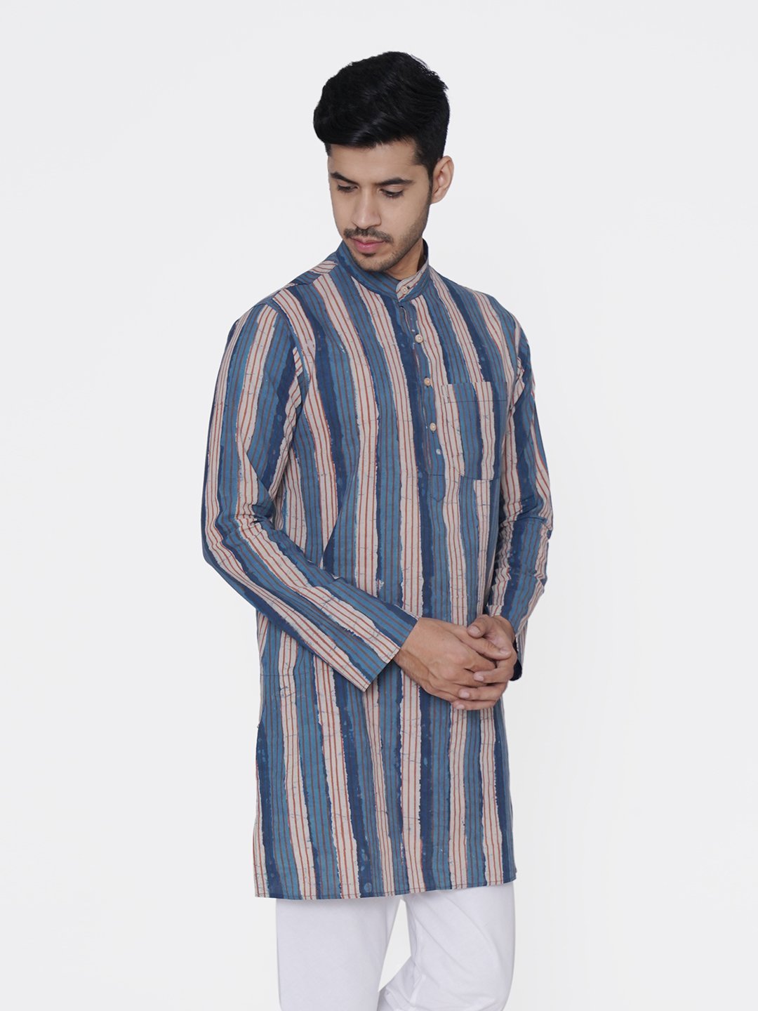 WINTAGE Men's Jaipur Cotton Festive and Casual Long Indian Kurta Sleepset: Light Blue