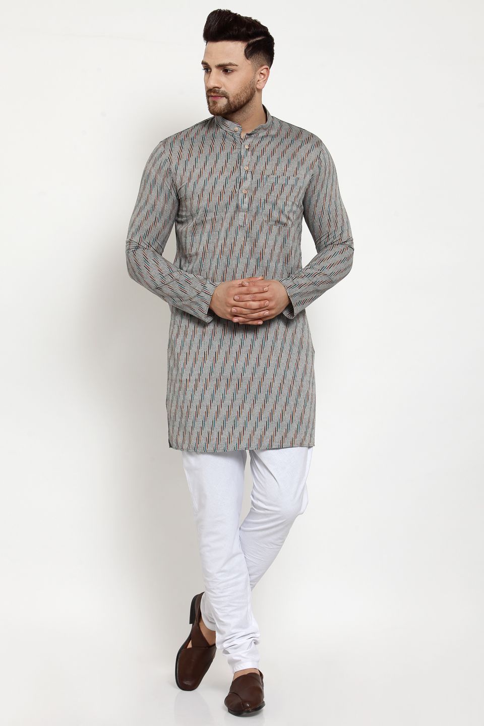 WINTAGE Men's Jaipur Cotton Festive and Casual Long Indian Kurta Sleepset: Grey