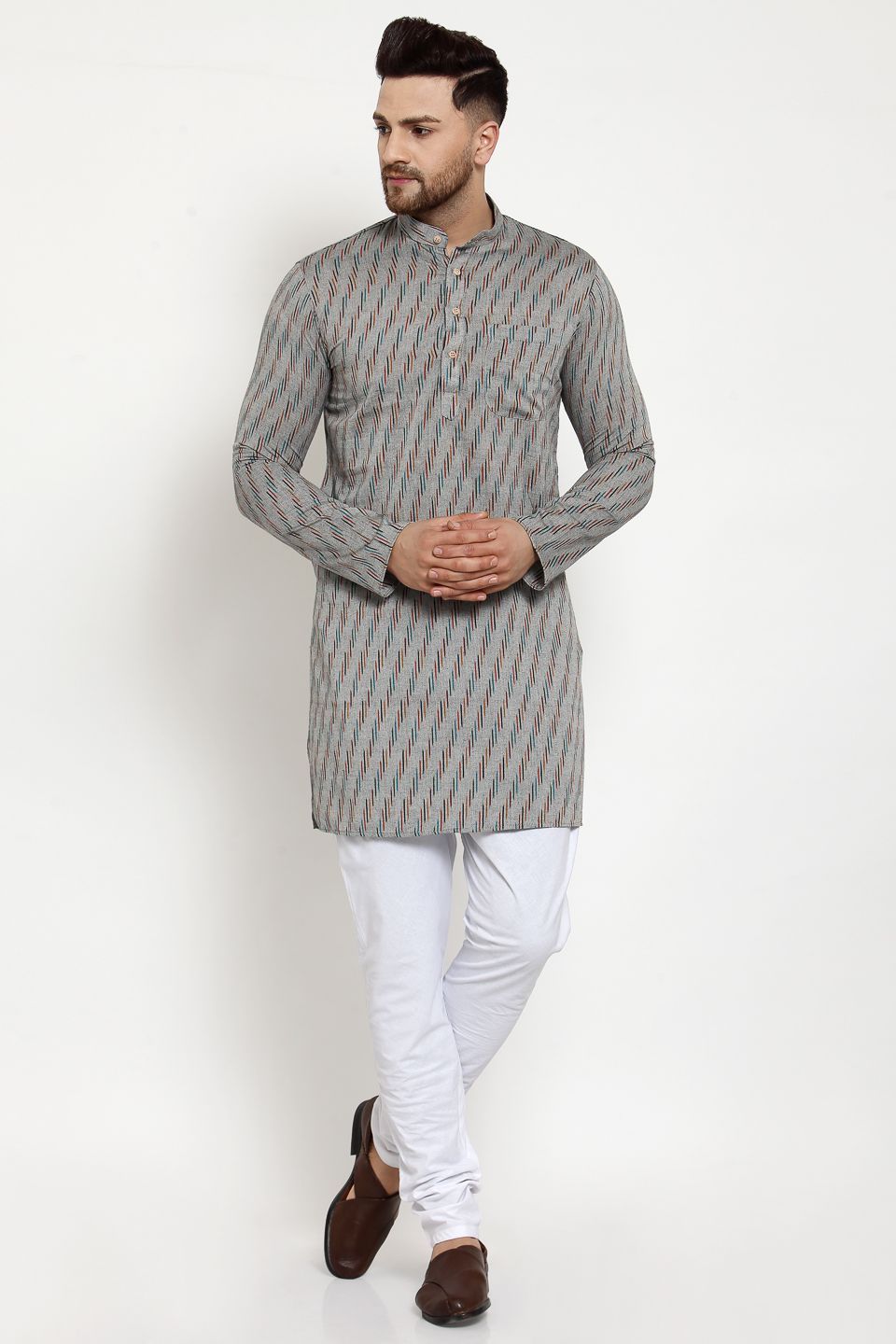 Wintage Men's Jaipur Cotton Festive and Casual Long Indian Kurta Sleepset: Grey