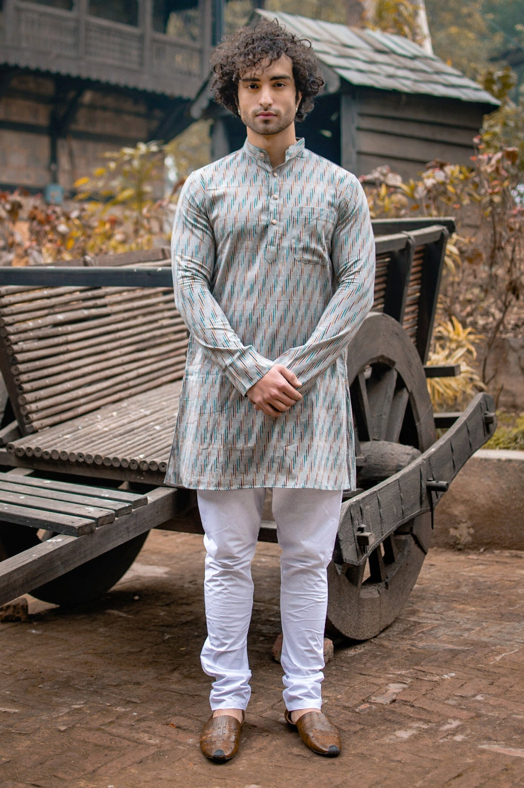 Ikat Cotton Grey Long Kurta Pajama