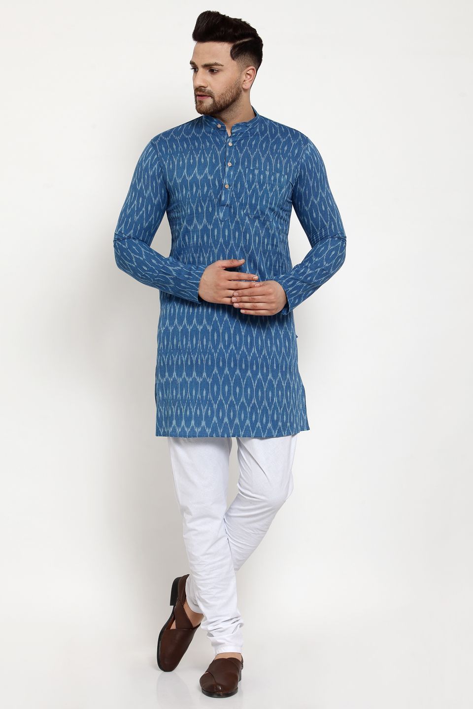 WINTAGE Men's Jaipur Cotton Festive and Casual Long Indian Kurta Sleepset: Blue
