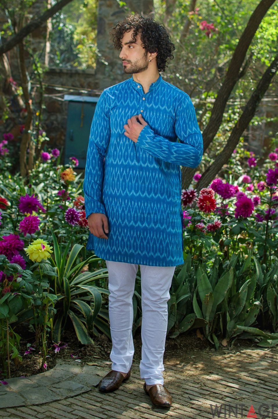 Ikat Cotton Blue Long Kurta Pajama