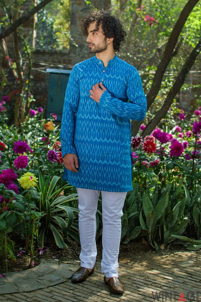 Wintage Men's Jaipur Cotton Festive and Casual Long Indian Kurta Sleepset: Blue