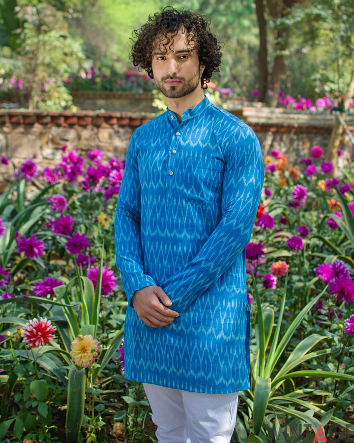 Ikat Cotton Blue Long Kurta Pajama