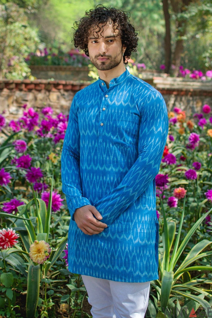 Wintage Men's Jaipur Cotton Festive and Casual Long Indian Kurta Sleepset: Blue
