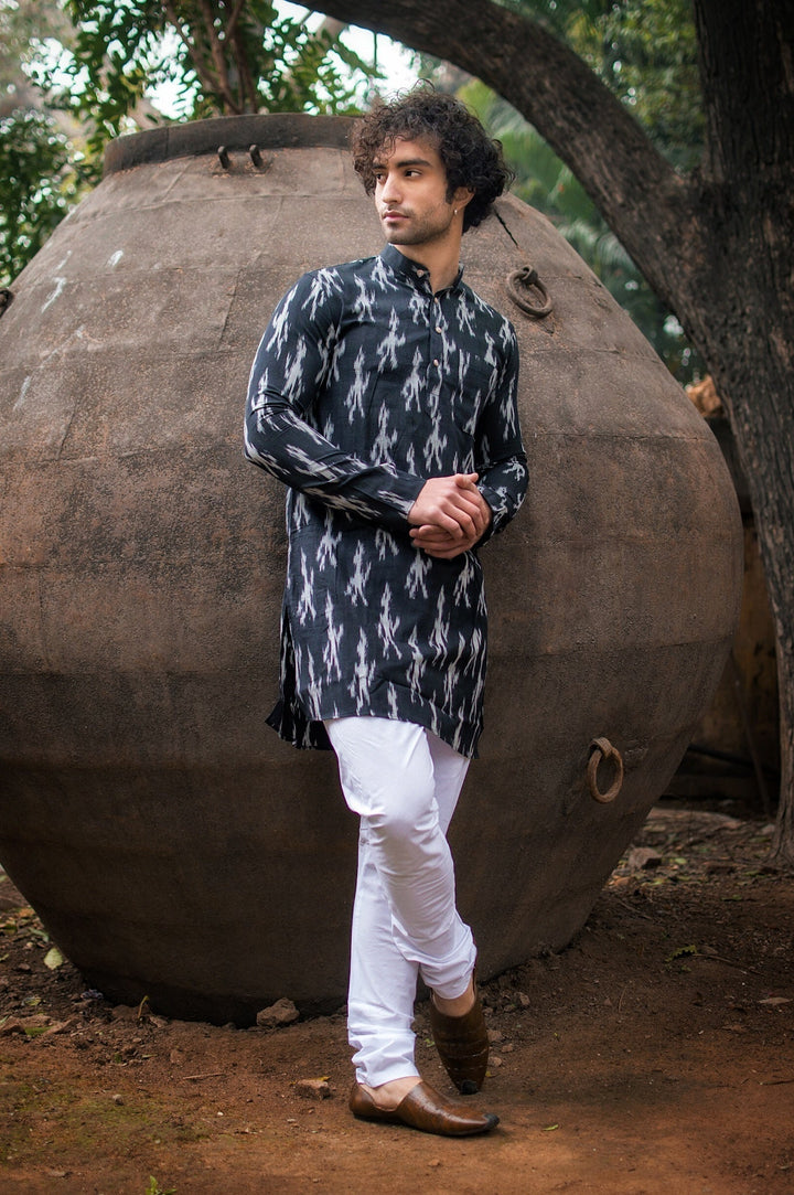 Ikat Cotton Black Long Kurta Pajama