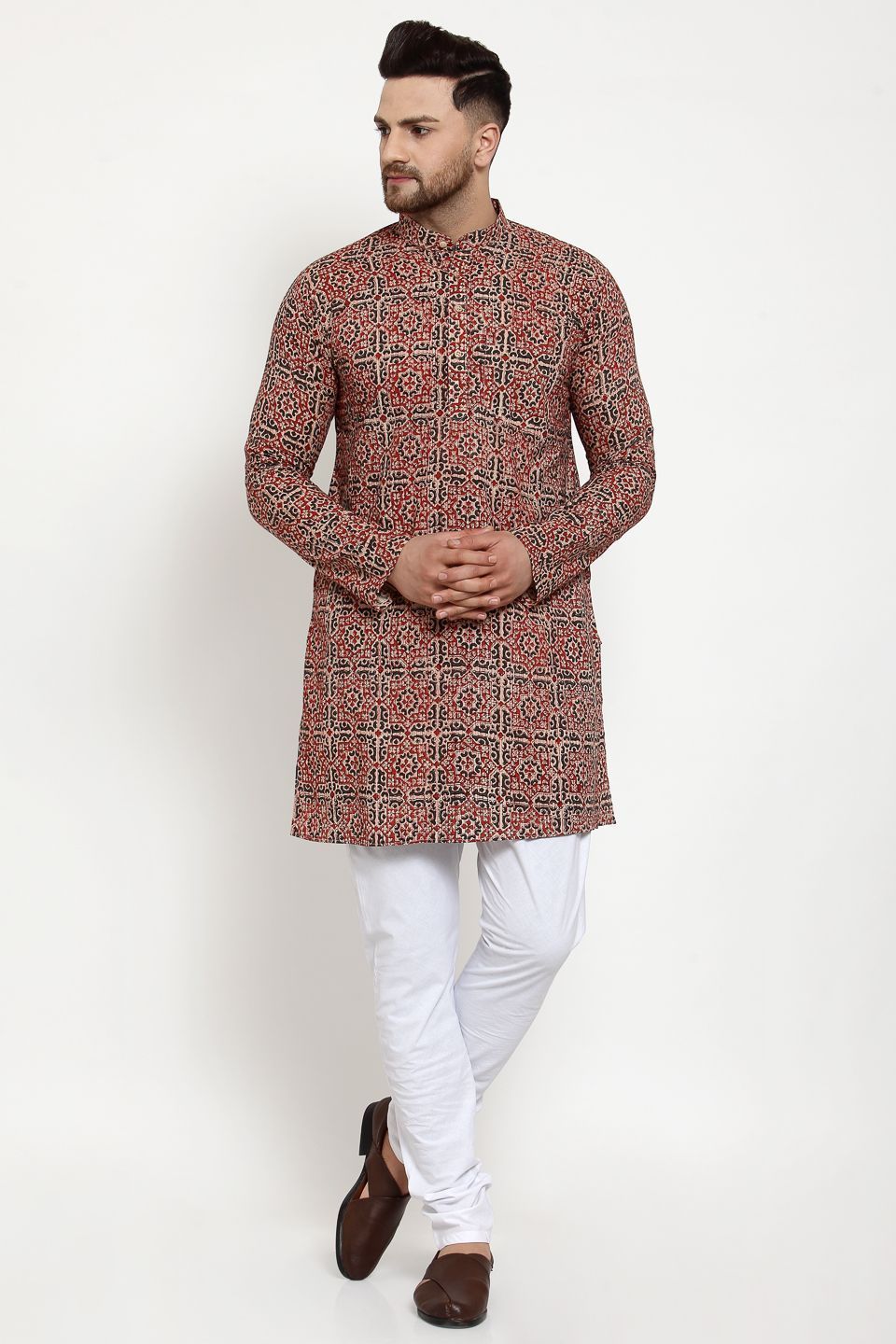 WINTAGE Men's Jaipur Cotton Festive and Casual Long Indian Kurta Sleepset: Red