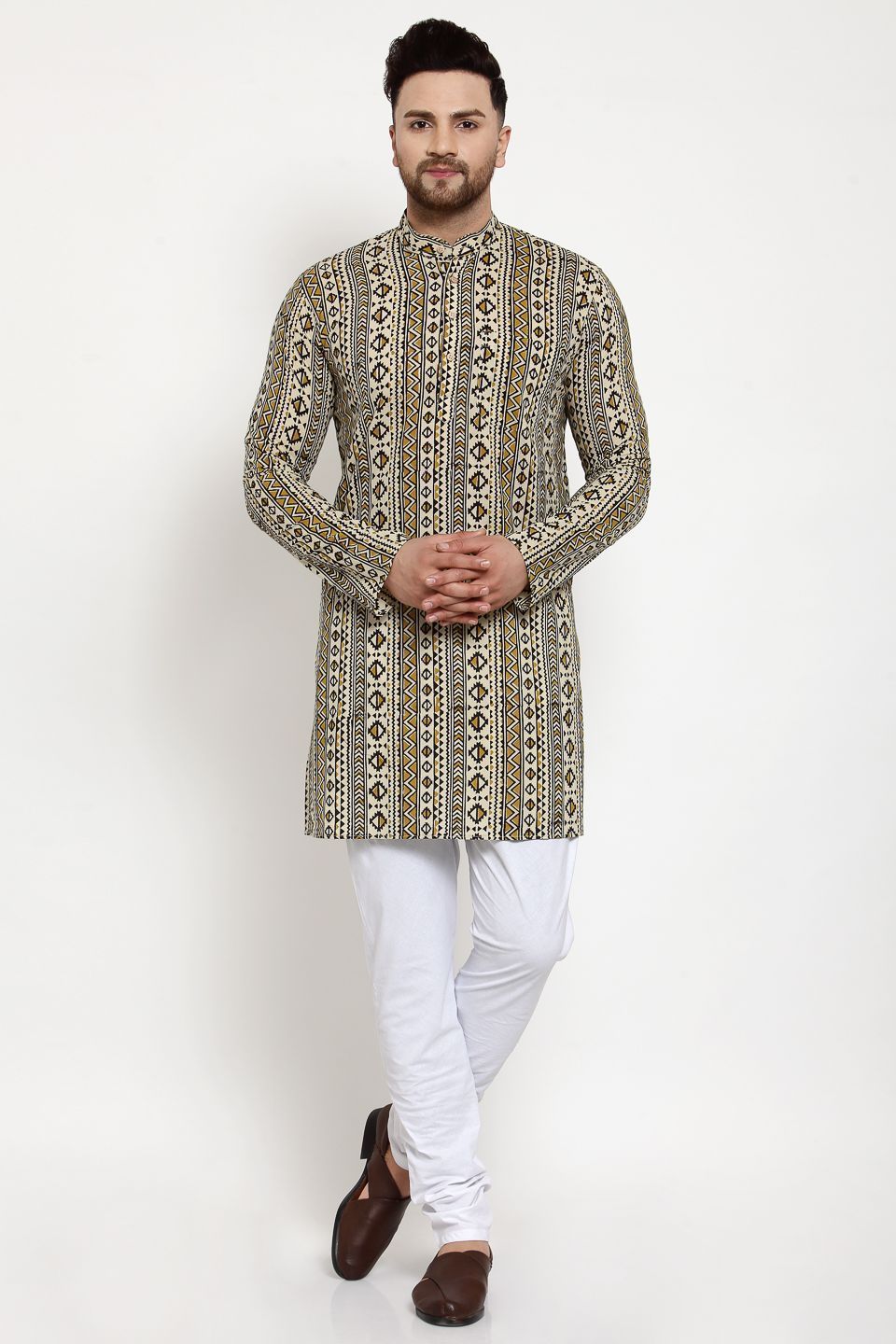 WINTAGE Men's Jaipur Cotton Festive and Casual Long Indian Kurta Sleepset: Brown