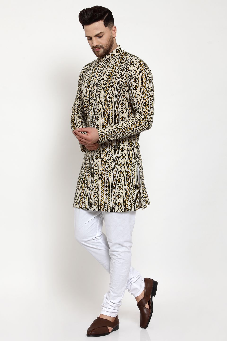 WINTAGE Men's Jaipur Cotton Festive and Casual Long Indian Kurta Sleepset: Brown