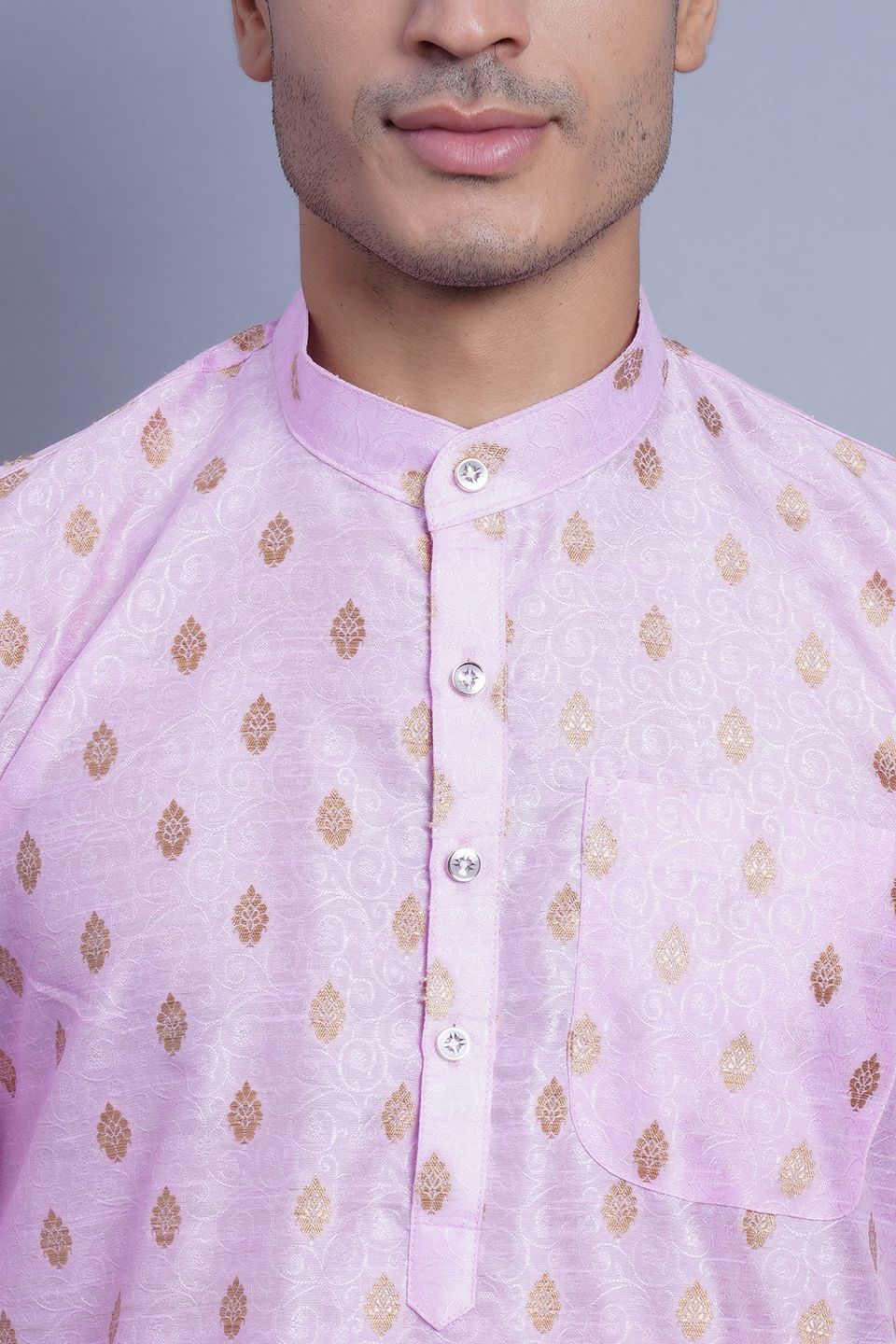 WINTAGE Men's Banarasi Art Silk Cotton Blend Festive and Casual Long Indian Kurta Comfy Sleepset Top : Pink 