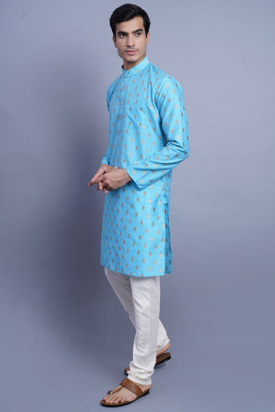 Banarasi Art Silk Cotton Blue Kurta Pajama