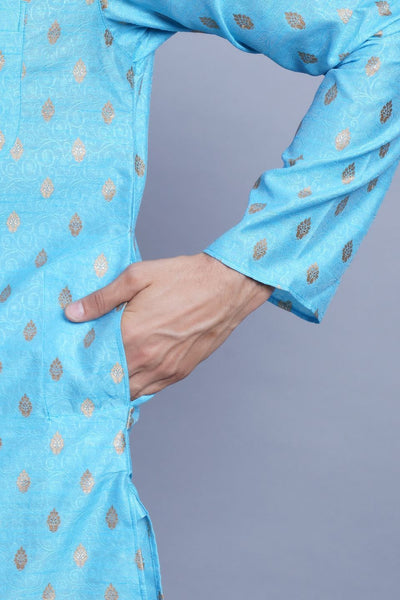 WINTAGE Men's Banarasi Art Silk Cotton Blend Festive and Casual Long Indian Kurta Comfy Sleepset Top : Blue 