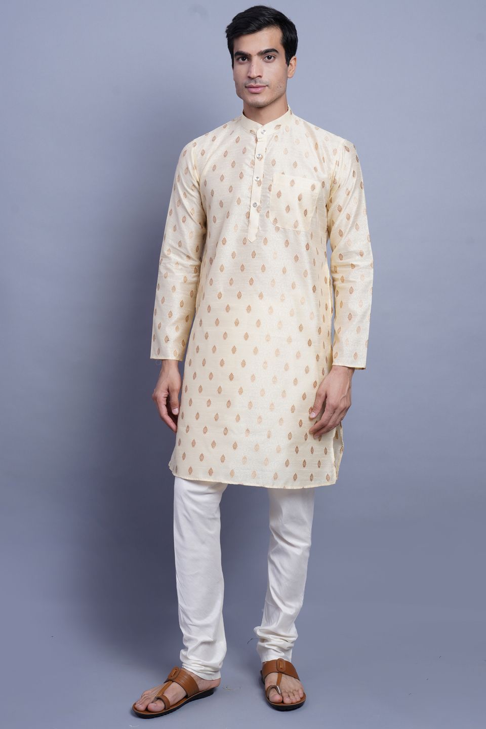Banarasi Art Silk Cotton Cream Kurta Pajama
