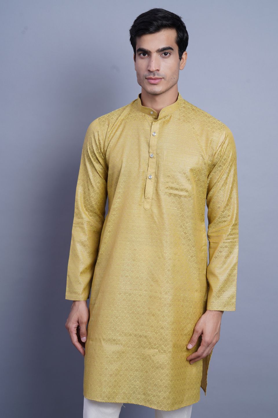 WINTAGE Men's Banarasi Art Silk Cotton Blend Festive and Casual Long Indian Kurta Comfy Sleepset Top : Green