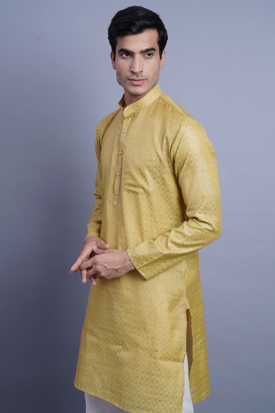 WINTAGE Men's Banarasi Art Silk Cotton Blend Festive and Casual Long Indian Kurta Comfy Sleepset Top : Green