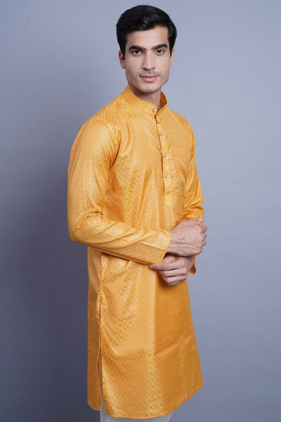 WINTAGE Men's Banarasi Art Silk Cotton Blend Festive and Casual Long Indian Kurta Comfy Sleepset Top : Orange