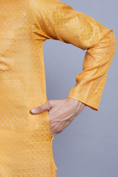 WINTAGE Men's Banarasi Art Silk Cotton Blend Festive and Casual Long Indian Kurta Comfy Sleepset Top : Orange