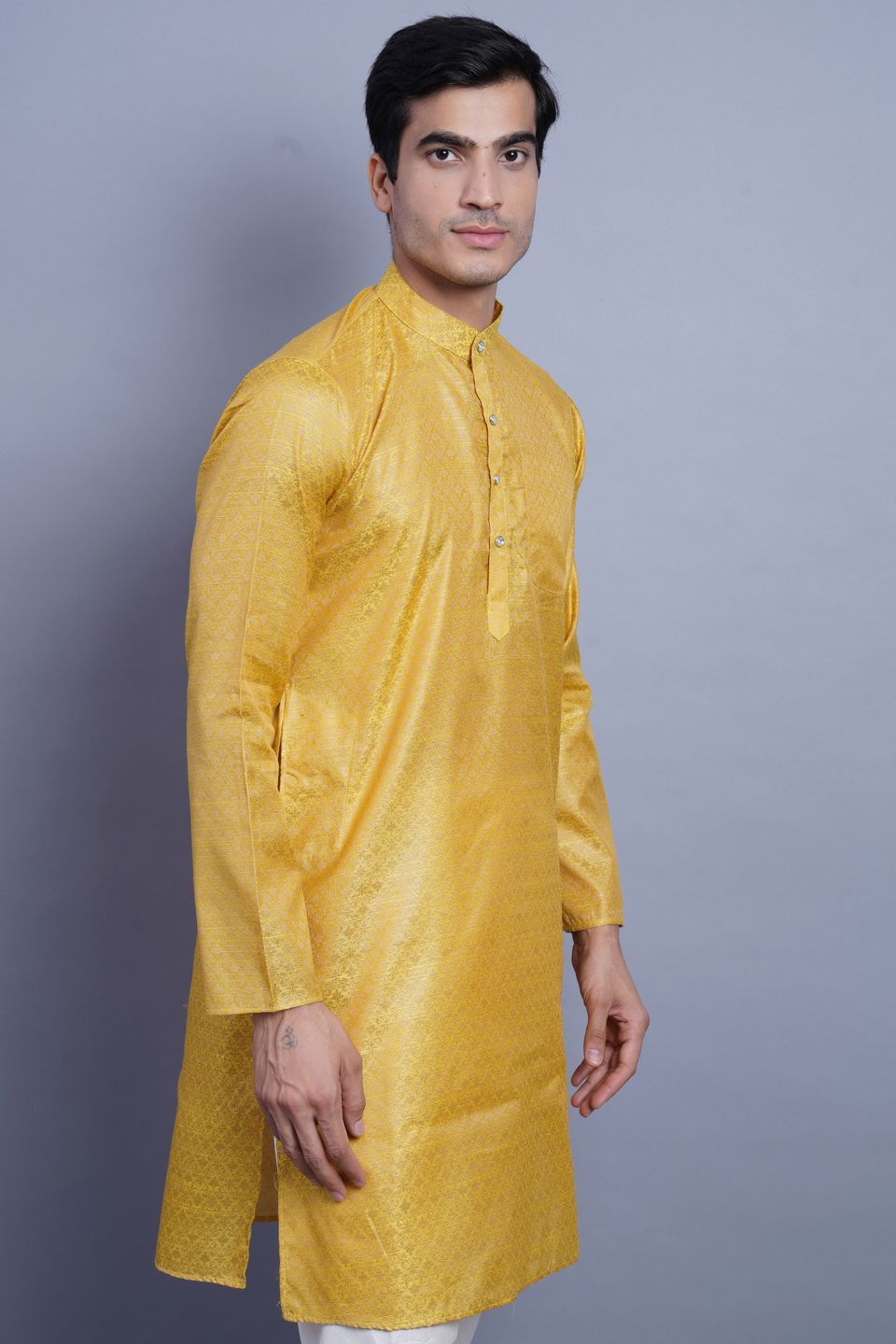 WINTAGE Men's Banarasi Art Silk Cotton Blend Festive and Casual Long Indian Kurta Comfy Sleepset Top : Yellow