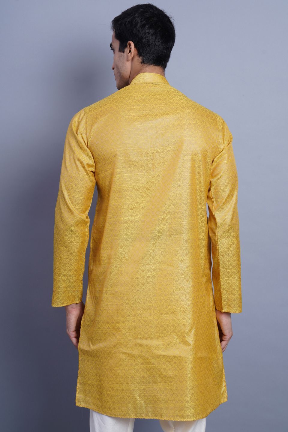 WINTAGE Men's Banarasi Art Silk Cotton Blend Festive and Casual Long Indian Kurta Comfy Sleepset Top : Yellow