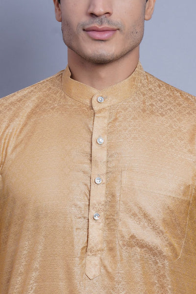 WINTAGE Men's Banarasi Art Silk Cotton Blend Festive and Casual Long Indian Kurta Comfy Sleepset Top : Gold