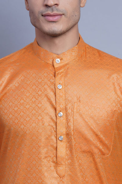 WINTAGE Men's Banarasi Art Silk Cotton Blend Festive and Casual Long Indian Kurta Comfy Sleepset Top : Orange 